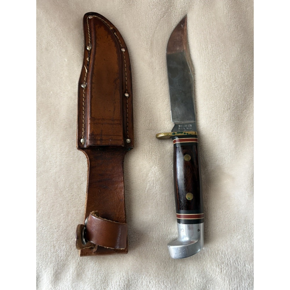 VTG Western Knife W36 G Rosewood Handle Leather Sheath Brass Guard Full Tang 83'